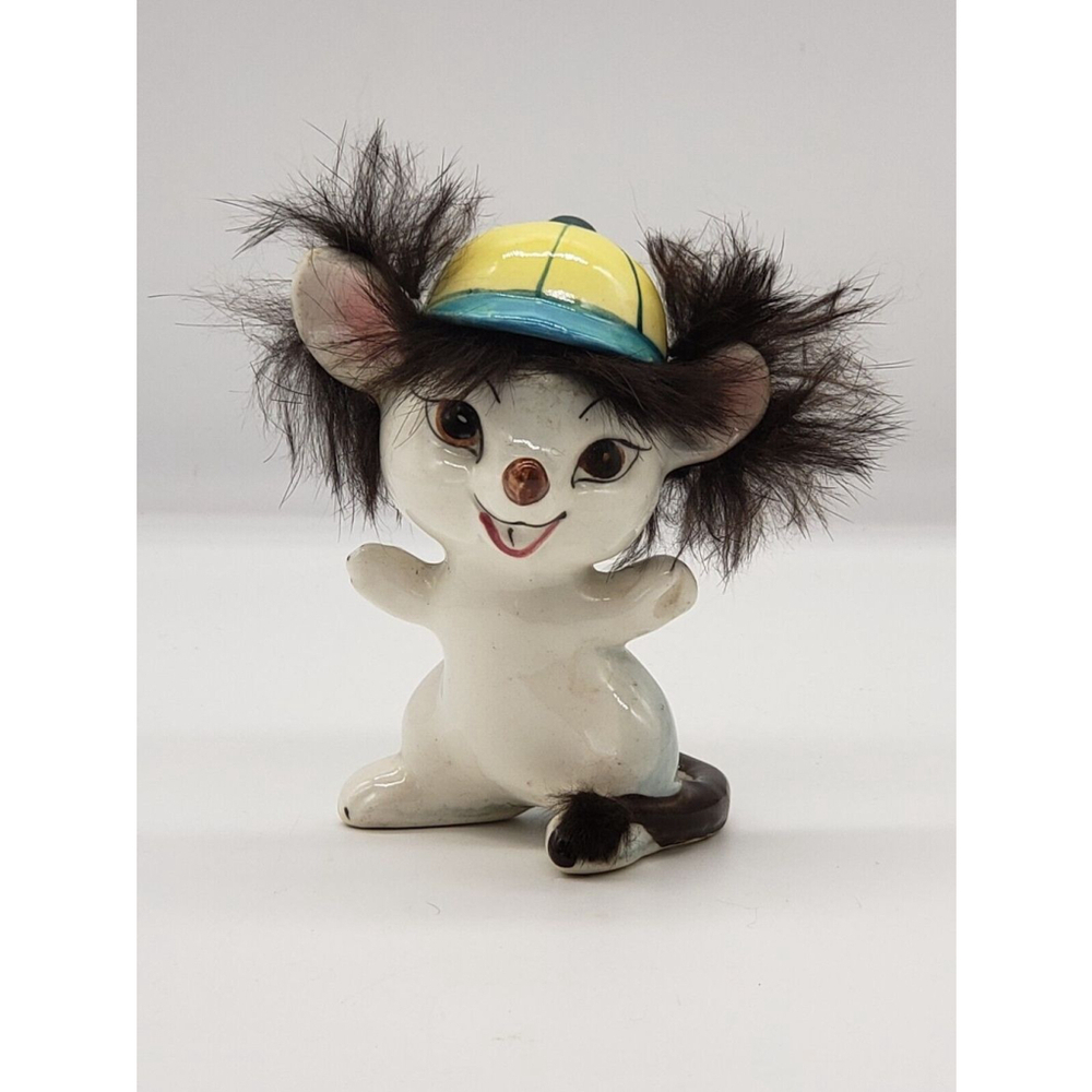 Vintage Cute Mouse? Figurine Real Fur Hair Baseball Cap 4.25"